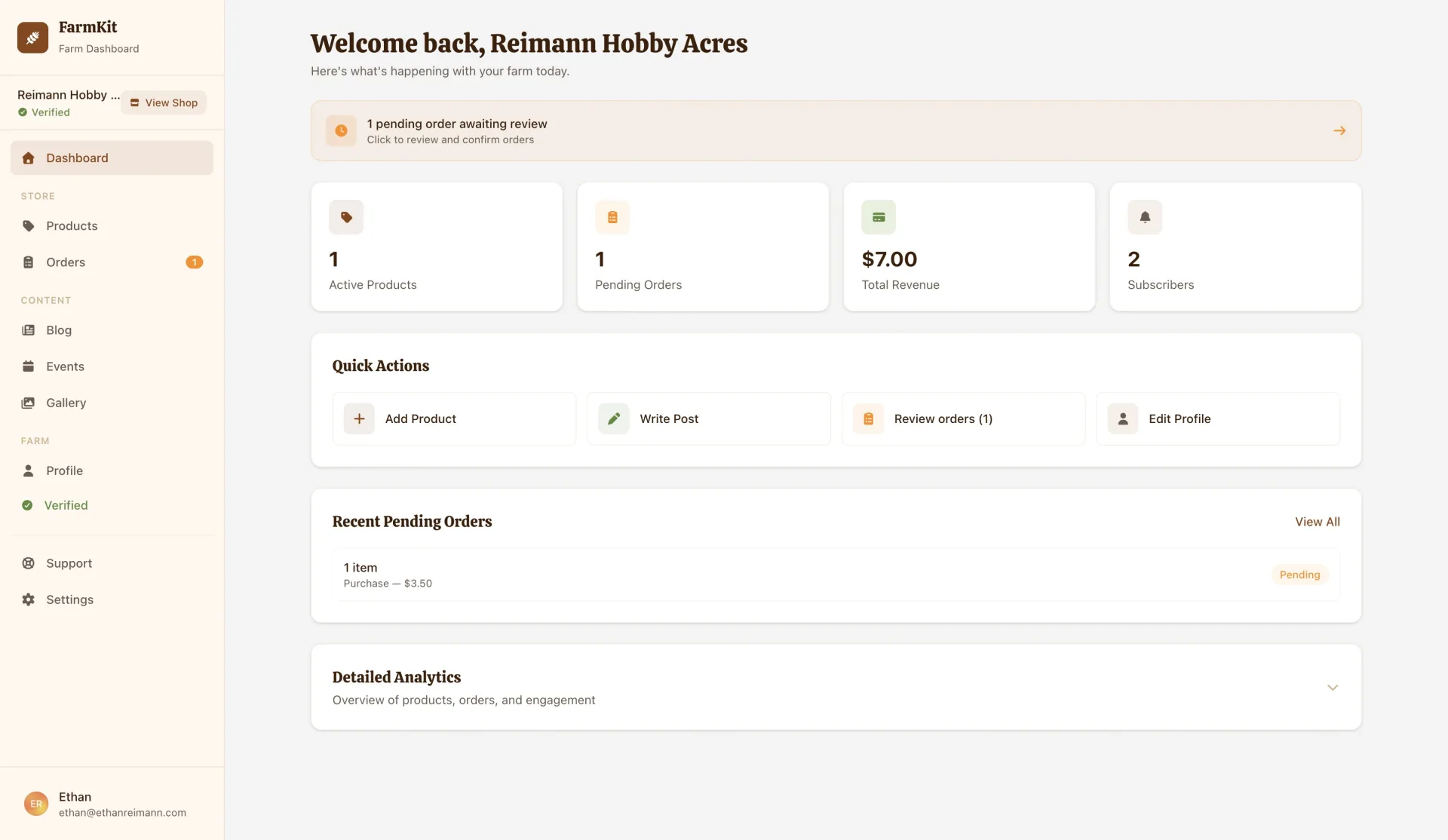 FarmKit farm dashboard — manage products and orders