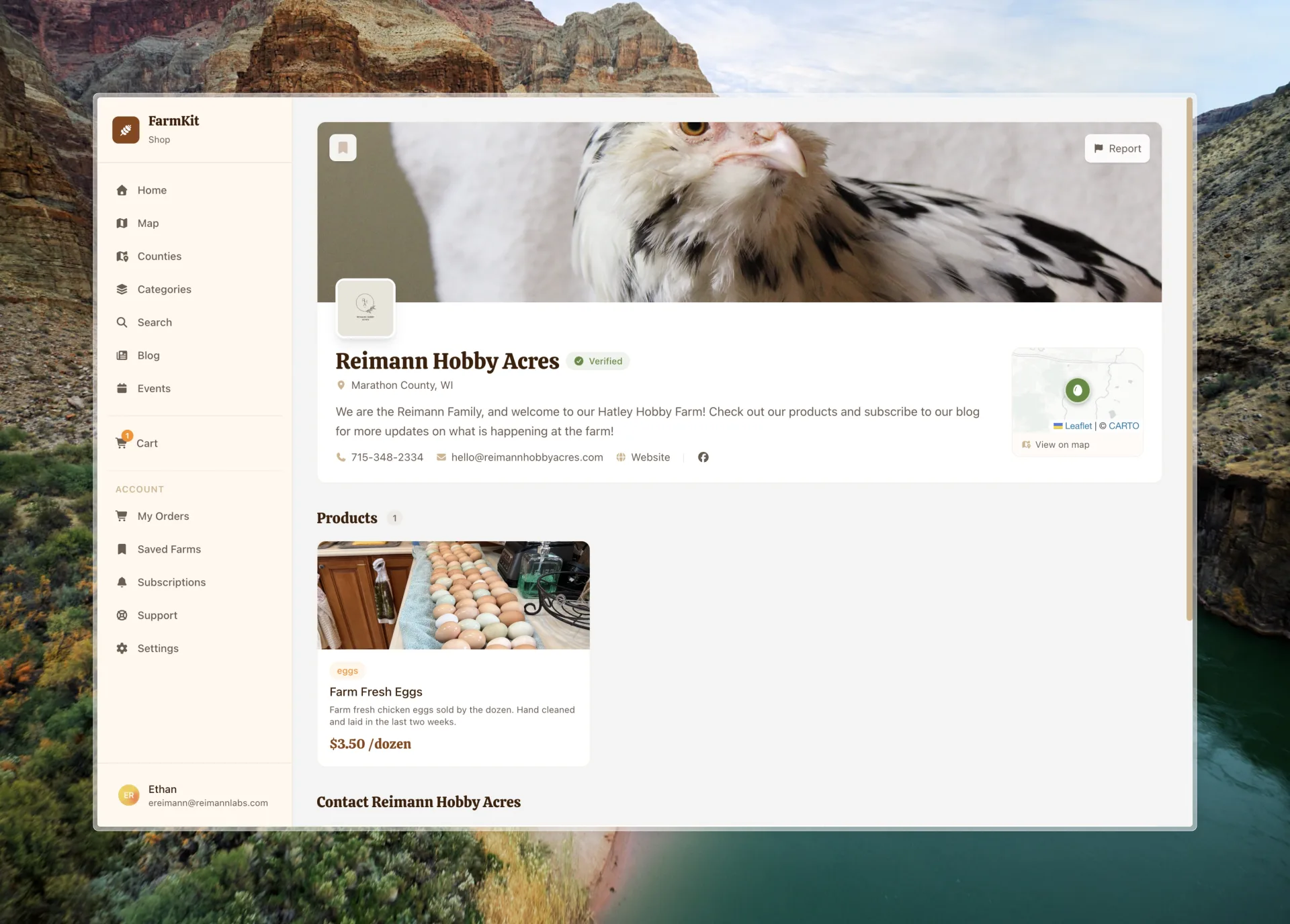 FarmKit platform — Reimann Hobby Acres farm profile with products